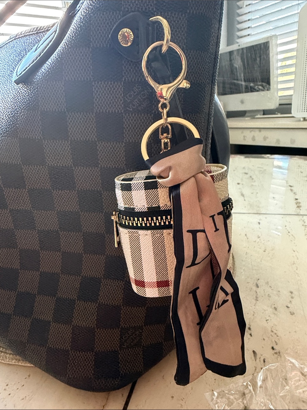 New Beige & Red Plaid Keychain Zip Pouch with Scarf Accent & Bottom Cord Hole